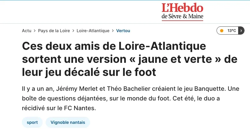 Article L'Hebdo de Sèvre et Maine sur Banquette Jaunes et Verts