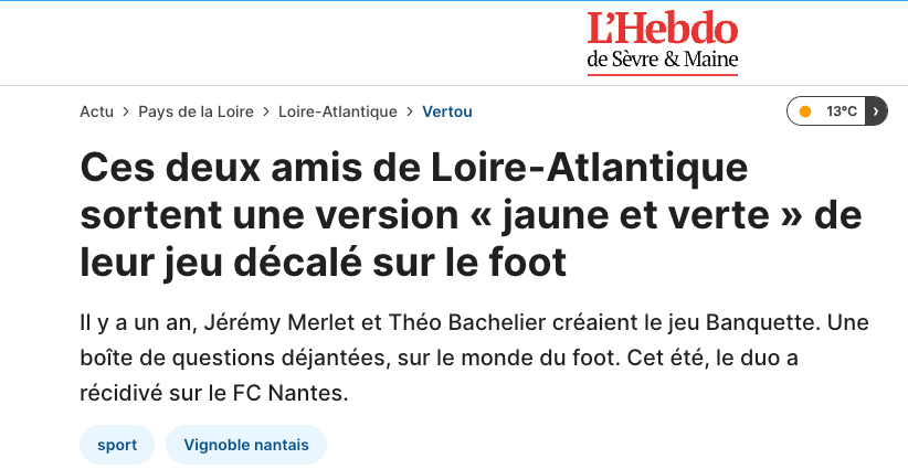 Article L'Hebdo de Sèvre et Maine sur Banquette Jaunes et Verts